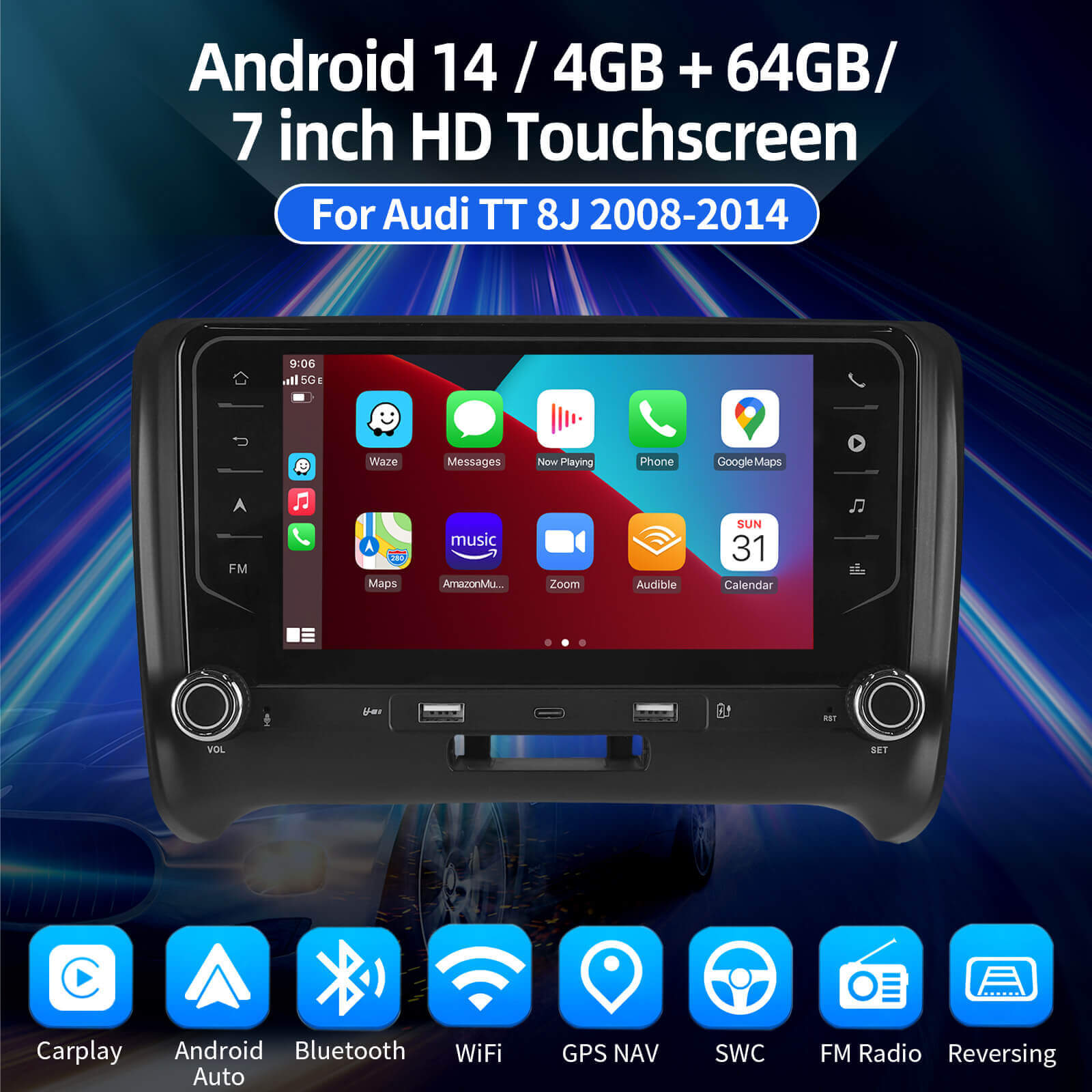 ESSGOO AR7001 | Android14, 7-inch HD Touchscreen - For Audi TT 8J 2008