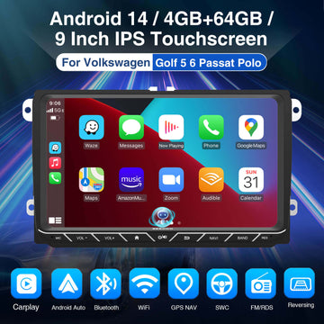 ESSGOO 9618 | MP5 Android14, 9-inch IPS Touchscreen - For Volkswagen, Bluetooth 4.1 Wireless CarPlay & Android Auto