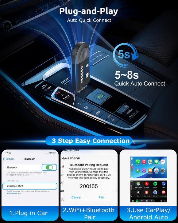 Adaptateur Carplay sans fil ESSGOO pour Android Cars Stereo, Plug and Play Converter Sync iPhone