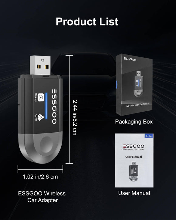 Adaptateur Carplay sans fil ESSGOO pour Android Cars Stereo, Plug and Play Converter Sync iPhone