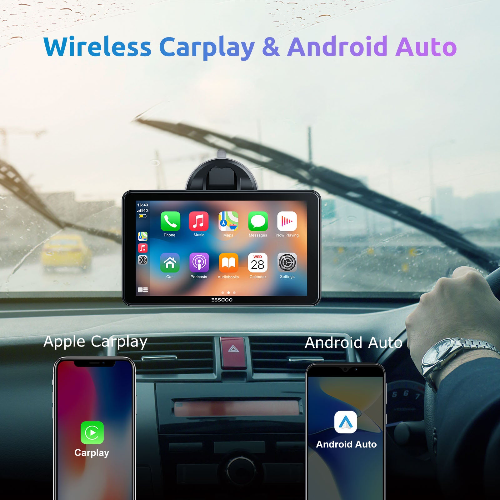 Portable Wireless Apple CarPlay & Android Auto Screen, 7 Inch Touch Screen Car Stereo with Bluetooth, WiFi, Voice Control, and Live Navigation