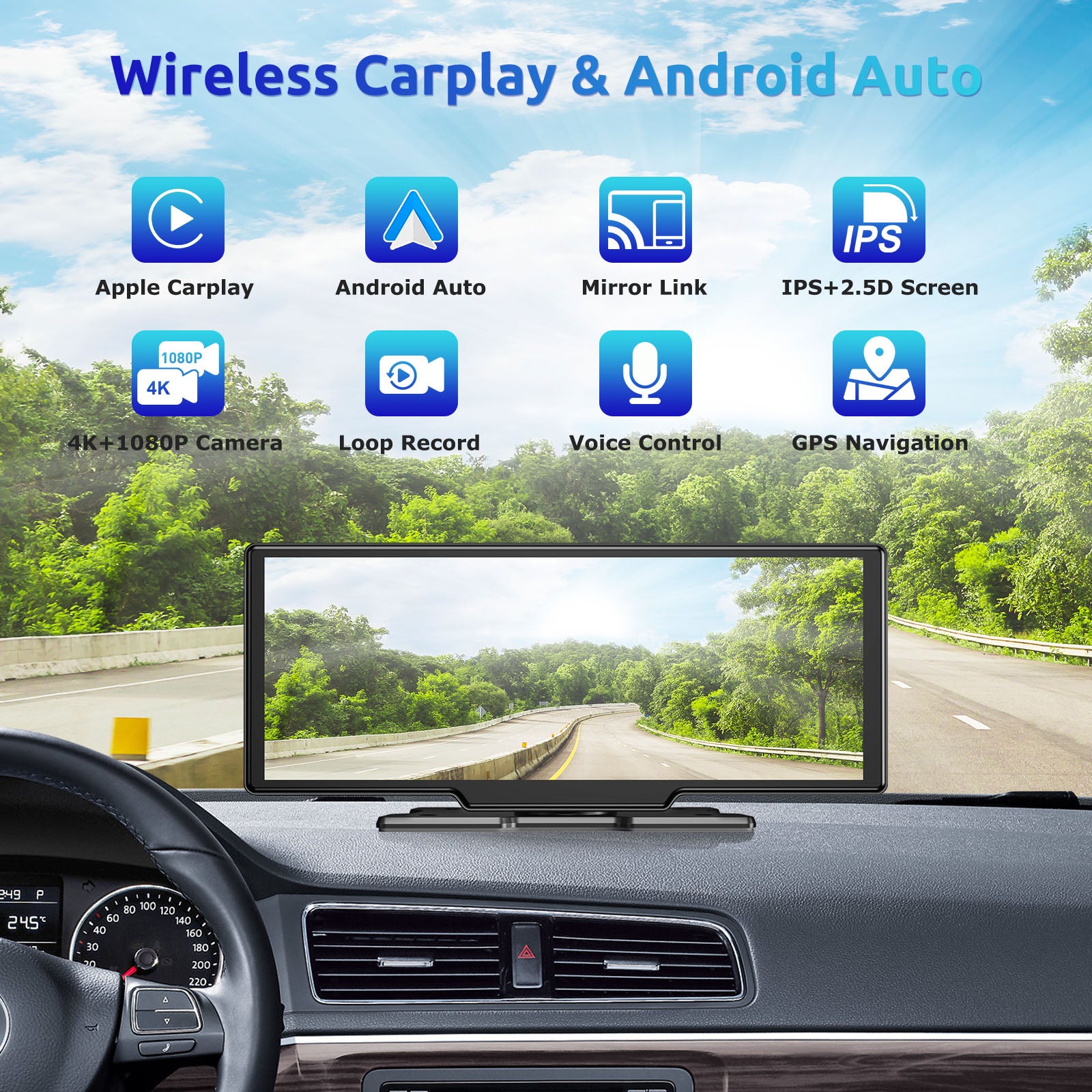 9" Wireless Apple CarPlay & Android Auto Car Stereo with 2K Dash Cam and 1080P Backup Camera