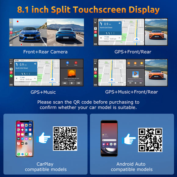 E42 8.1" Portable Wireless CarPlay & Android Auto, 4K Dual Cameras, Siri Assistant, FM, Applicable To Most Models