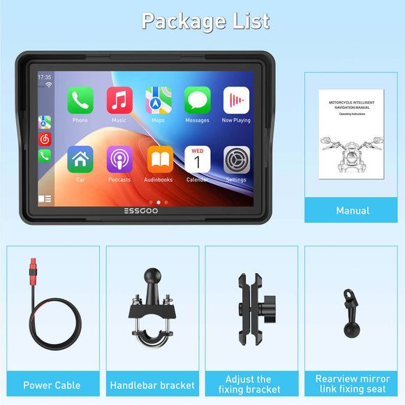 ESSGOO 550CP 5" Waterproof Motorcycle GPS with Wireless CarPlay/Android Auto & Helmet Bluetooth