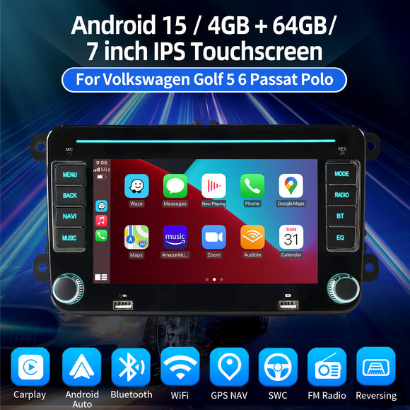 ESSGOO MP5 AR7002 | Android 15 7-inch IPS HD Touchscreen - For Volkswagen, Dual USB, Colorful RGB Light, Apple CarPlay & Android Auto, FM RDS