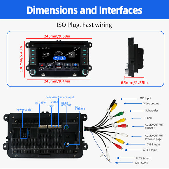 ESSGOO MP5 AR7002 | Android 15 7-inch IPS HD Touchscreen - For Volkswagen, Dual USB, Colorful RGB Light, Apple CarPlay & Android Auto, FM RDS