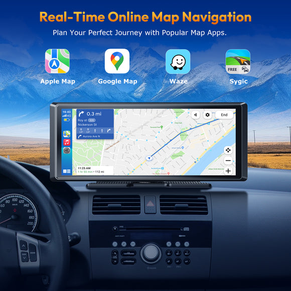 E42 8.1" Portable Wireless CarPlay & Android Auto, 4K Dual Cameras, Siri Assistant, FM, Applicable To Most Models