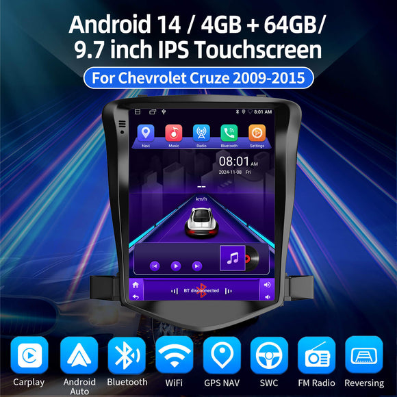 ESSGOO AZ0002 | MP5 Android14, 9.7-inch IPS Touchscreen - For Chevrolet Cruze 2009-2015, Bluetooth 4.1 Apple CarPlay & Android Auto