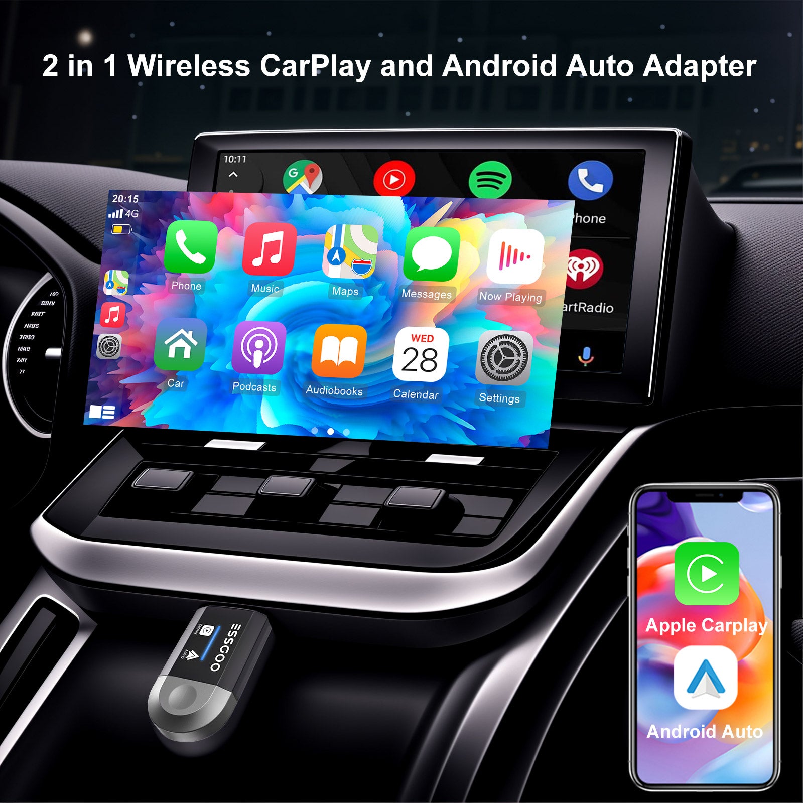 ESSGOO Wireless Carplay Adapter for Android Cars Stereo, Plug and Play Converter Sync iPhone