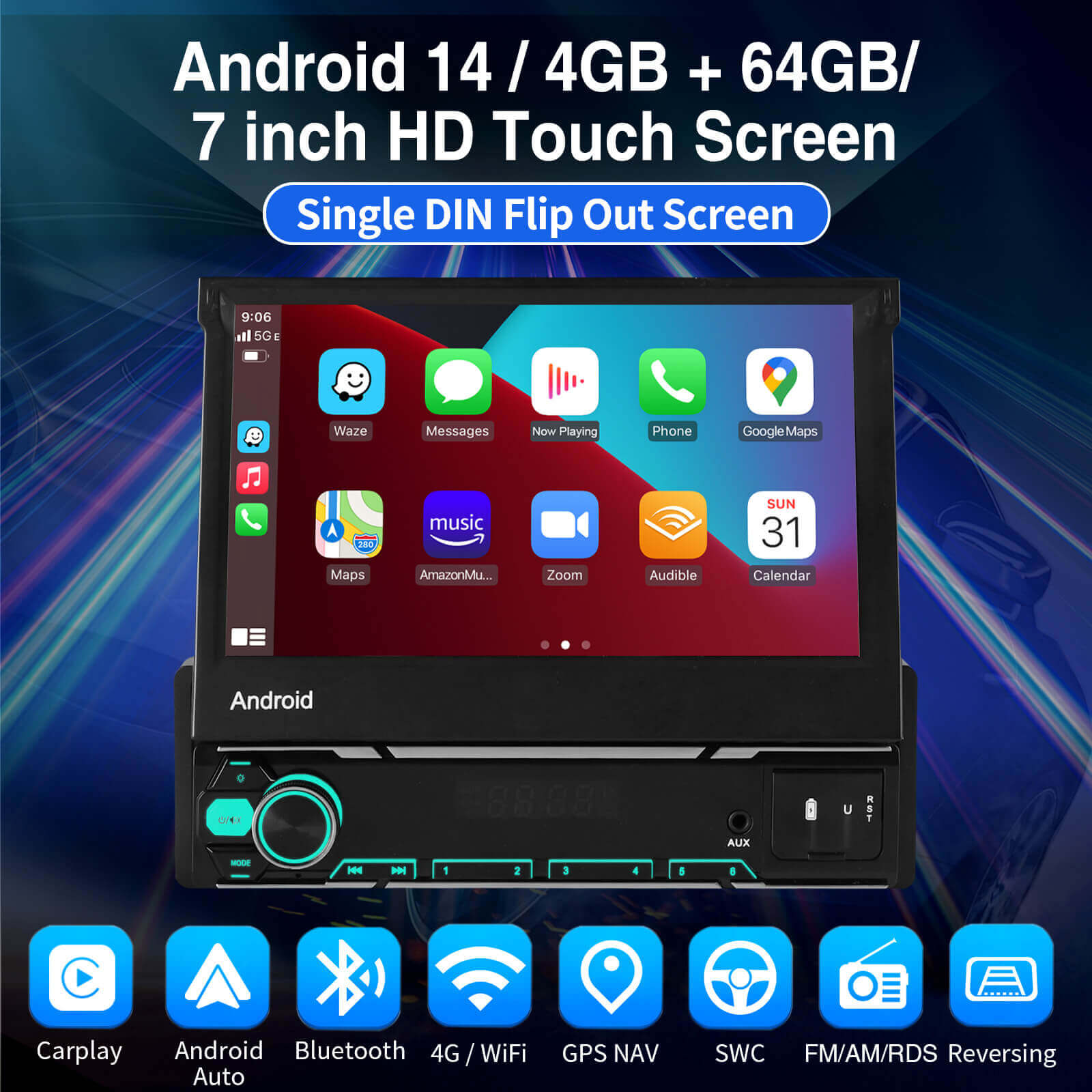 ESSGOO MP5 FR7002 | Android14, General 7 Inch Single DIN Flip Out Screen, Bluetooth 4.1, Apple CarPlay & Android Auto, FM RDS