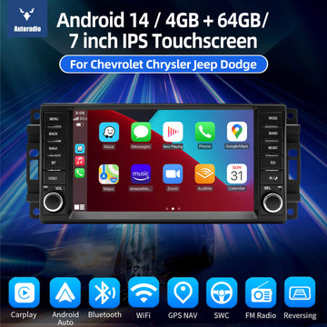 ESSGOO AR7001 | MP5 Android14, 7-inch IPS Touchscreen - For Chevrolet, Chrysler, Jeep, Dodge, Bluetooth 4.1 Apple CarPlay & Android Auto FM RDS