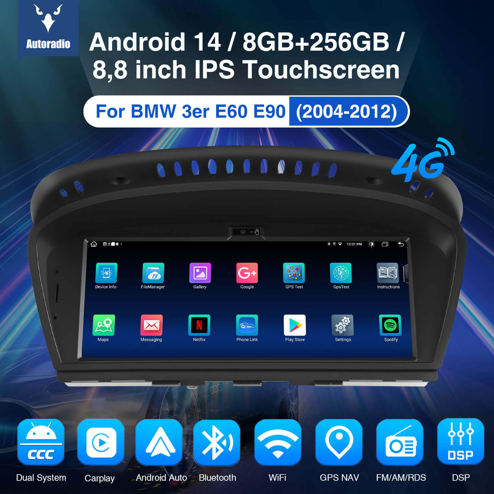ESSGOO LZ0001 | Android 14 ccc Dual System, 8.8-inch IPS Touchscreen - For BMW 3er E60 E90, Bluetooth 5.0, Apple CarPlay & Android Auto, FM RDS