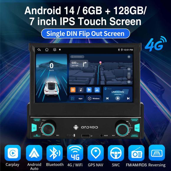 ESSGOO FR7003 MP5 | Android 14 7-inch HD Touchscreen - Single DIN Flip Out Screen, Bluetooth 5.1, Wireless Apple CarPlay & Wireless Android Auto, FM RDS