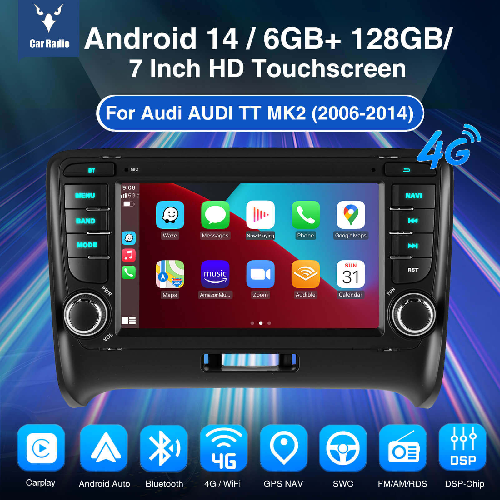 ESSGOO AR7001 MP5 | Android 14 7-inch IPS Touchscreen - For Audi AUDI TT MK2 (2006-2014), Bluetooth 5.4, Apple CarPlay & Android Auto, FM RDS