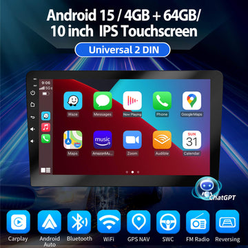 ESSGOO AR1001 MP5 | 2 DIN Android 15 10-inch IPS Touchscreen, Bluetooth 4.1, Apple CarPlay & Android Auto, FM RDS, AI Voice control (powerd by chatGPT)