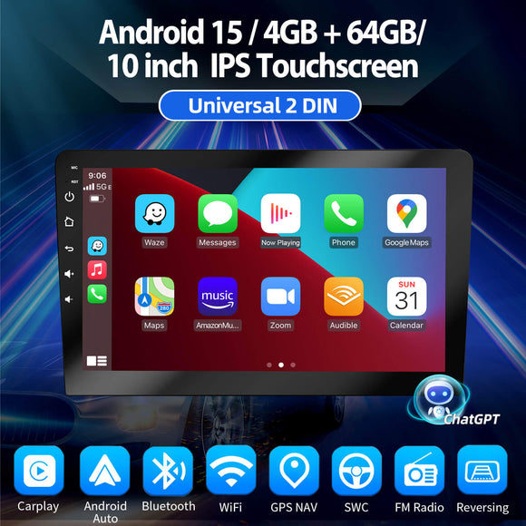 ESSGOO AR1001 MP5 | 2 DIN Android 15 10-inch IPS Touchscreen, Bluetooth 4.1, Apple CarPlay & Android Auto, FM RDS, AI Voice control (powerd by chatGPT)