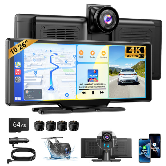 1026SCP 10.26-Inch Portable CarPlay Screen, Wireless Apple CarPlay & Android Auto with Built-in 4K Dash Cam