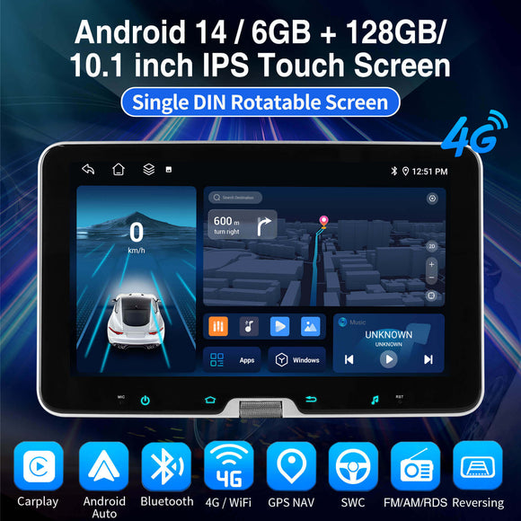 ESSGOO AR1001 MP5 | Android 14 10.1-inch IPS Touchscreen - Single DIN Rotatable Screen, Bluetooth 5.1, Wireless Apple CarPlay & Wireless Android Auto, FM RDS