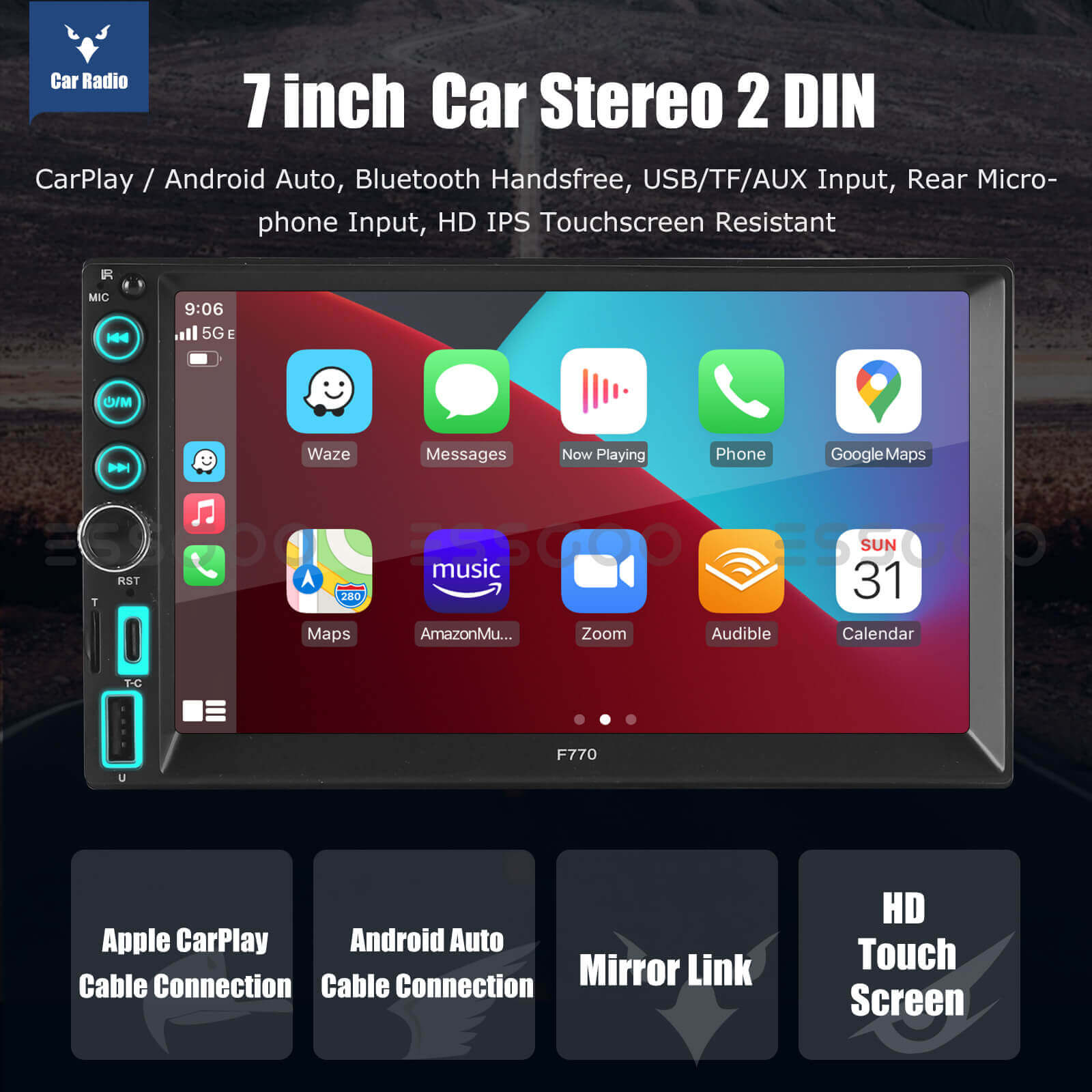 ESSGOO MP5 F770W | 2 DIN, 7-inch HD IPS Touchscreen Car Stereo, Bluetooth 5.1, Wired Apple CarPlay & Wired Android Auto, FM USB