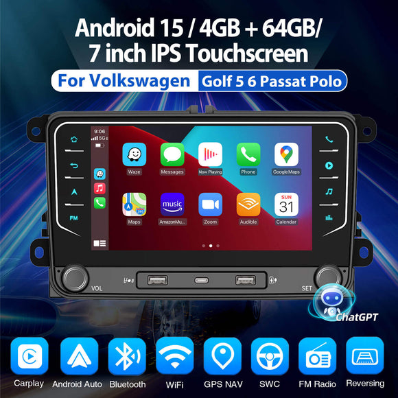 ESSGOO AR7002 MP5 | Android 15 7-inch IPS Touchscreen-For Volkswagen, Bluetooth 4.1, Apple CarPlay & Android Auto, FM RDS, AI Voice control