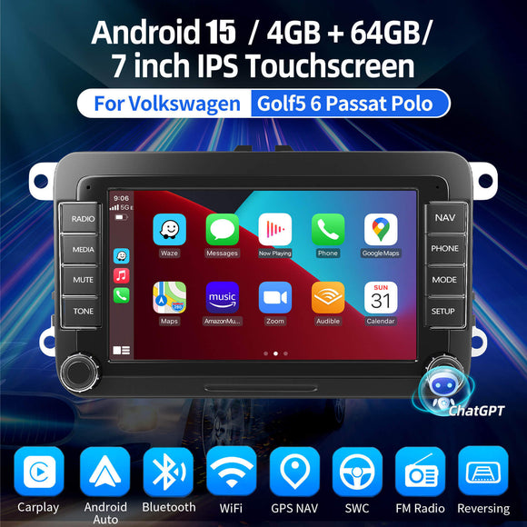 ESSGOO MP5 AR7002 | Android 15, 7-inch IPS Touchscreen - For Volkswagen Golf5 6 Passat Polo, Bluetooth 4.1, Apple CarPlay & Android Auto