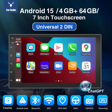 ESSGOO MP5 AR7001 | 2 DIN Android 15, 7-inch IPS Touchscreen, Bluetooth 4.1, Apple CarPlay & Android Auto, FM RDS, AI Voice control