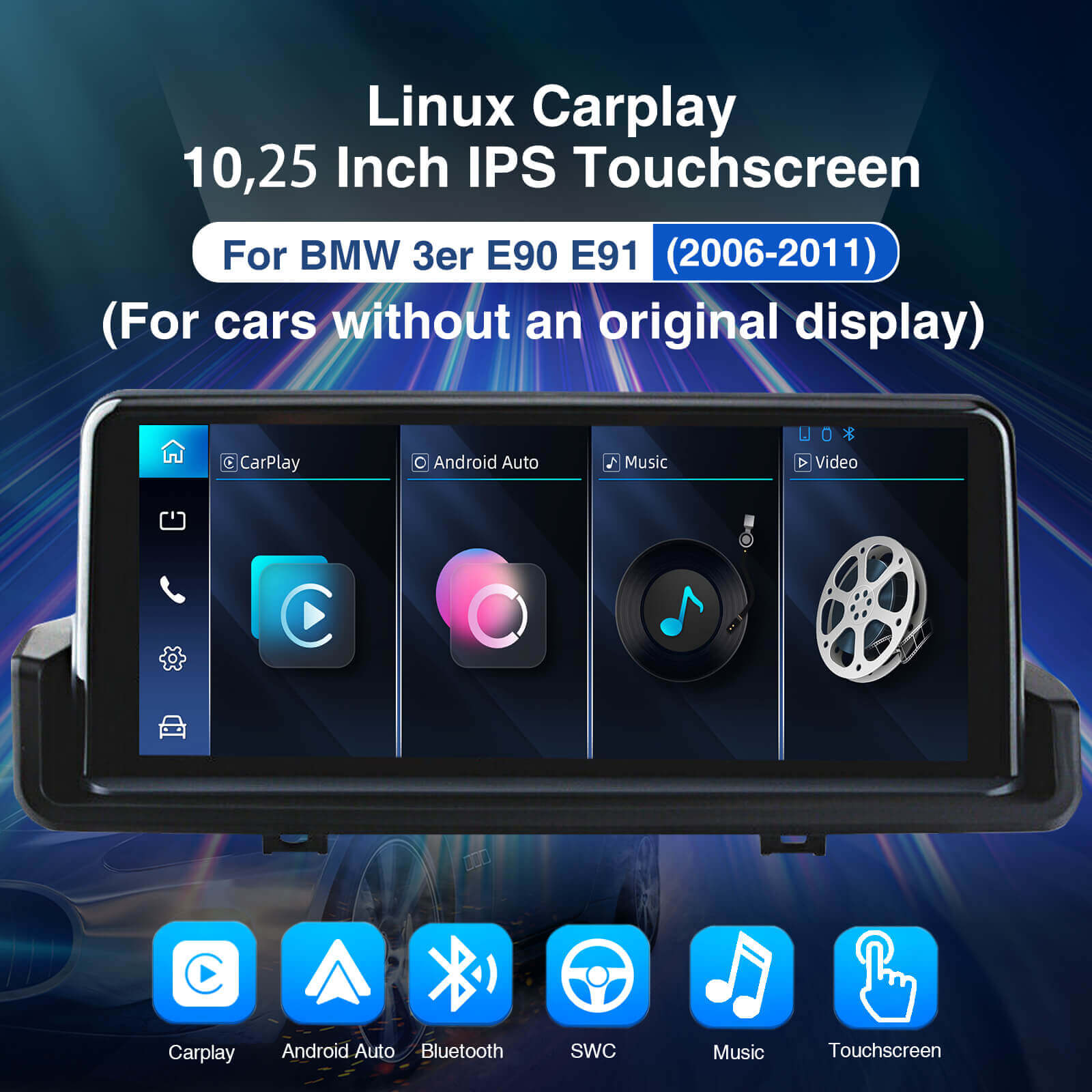 ESSGOO LZ0001 | Single system 10.25-inch IPS Touchscreen - For BMW 3er E90 E91 (2006-2011), Bluetooth 5.2, Apple CarPlay & Android Auto