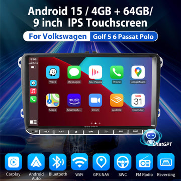 ESSGOO MP5 AR9002 | Android 15, 9-inch IPS Touchscreen-For Volkswagen, Bluetooth 4.1, Apple CarPlay & Android Auto, FM RDS