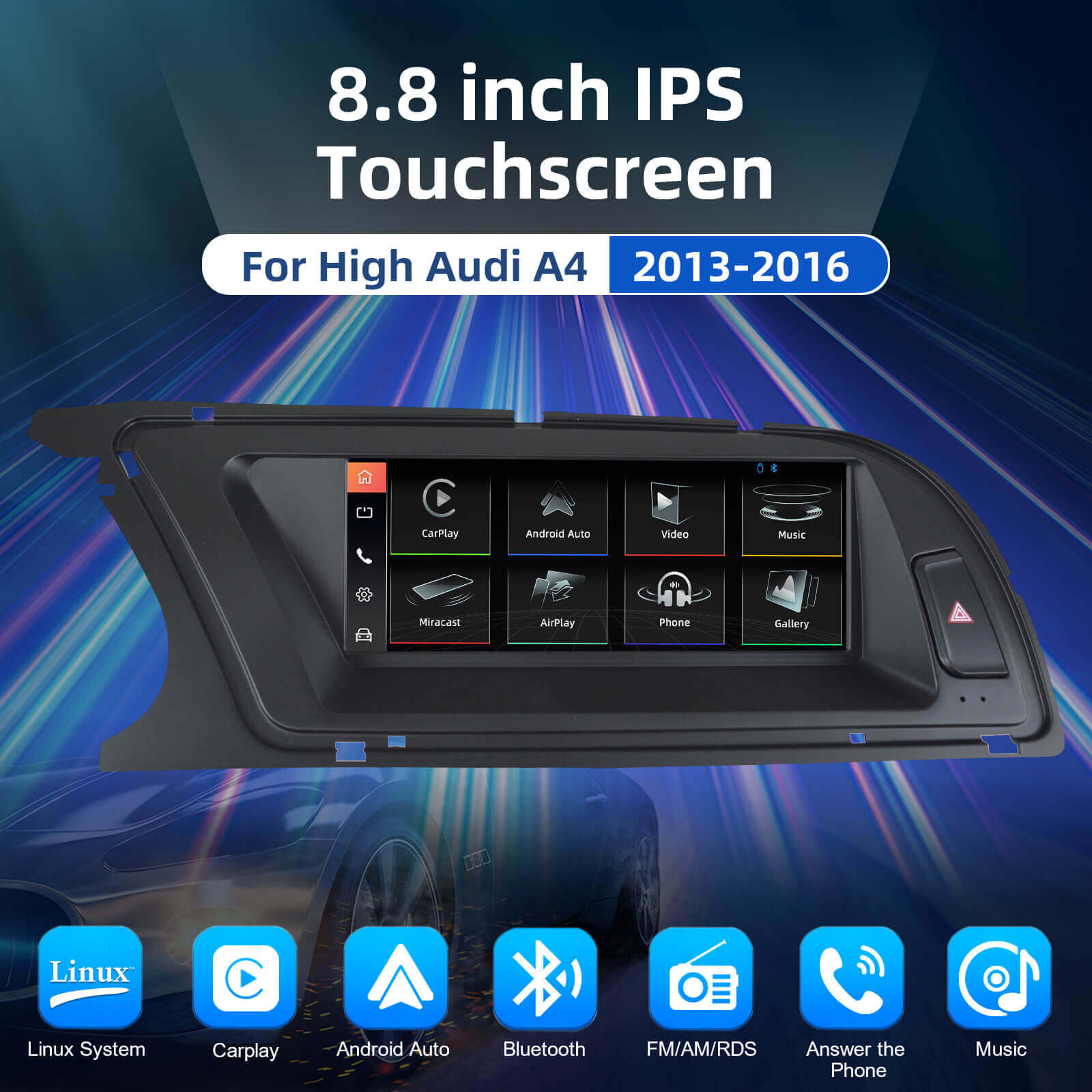 ESSGOO LZ0001 | Linux Dual System 8.8-inch IPS Touchscreen-For High Audi A4 2013-2016, Bluetooth 5.2, Apple CarPlay & Android Auto
