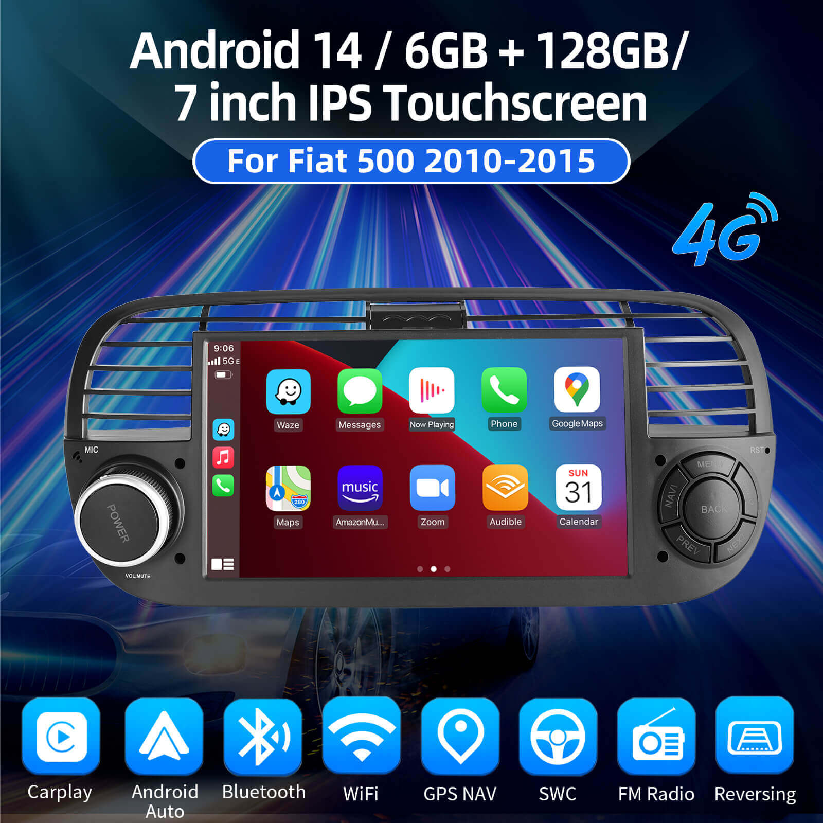 ESSGOO AR7001 MP5 | Android 14 7-inch IPS Touchscreen - For Fiat 500 2010-2015, Bluetooth 5.0, Wireless Apple CarPlay & Wireless Android Auto, FM RDS