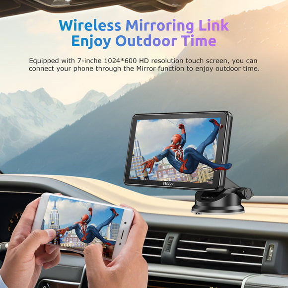 Portable Wireless Apple CarPlay & Android Auto Screen, 7 Inch Touch Screen Car Stereo with Bluetooth, WiFi, Voice Control, and Live Navigation