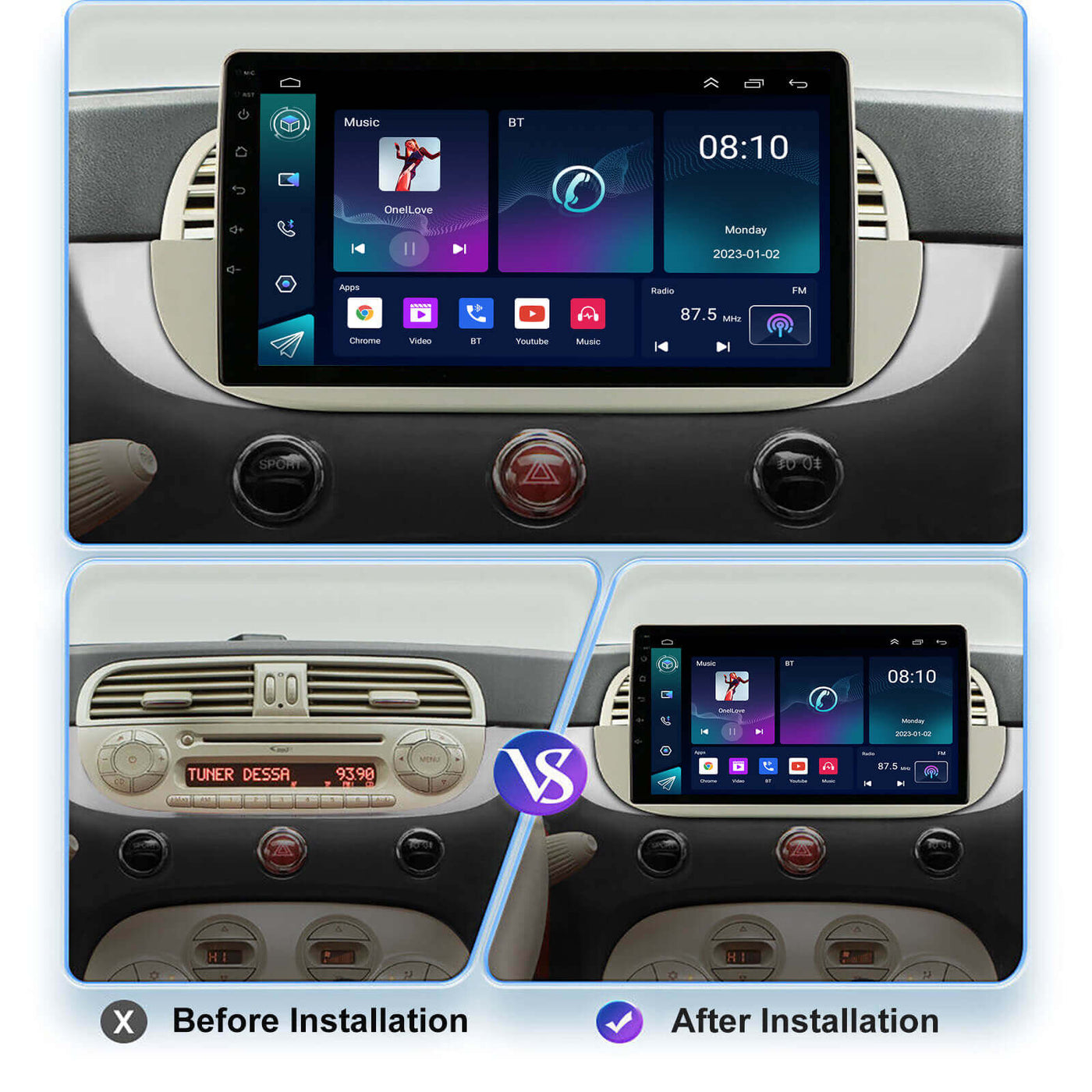 Autoradio Boscer®, Fiat 500 2016 - 2019, Apple Carplay et Android Auto, Android 10