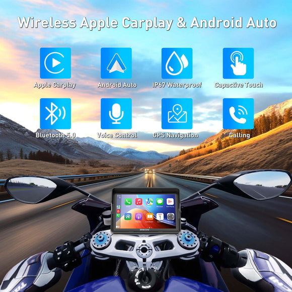 ESSGOO 550CP 5" Waterproof Motorcycle GPS with Wireless CarPlay/Android Auto & Helmet Bluetooth