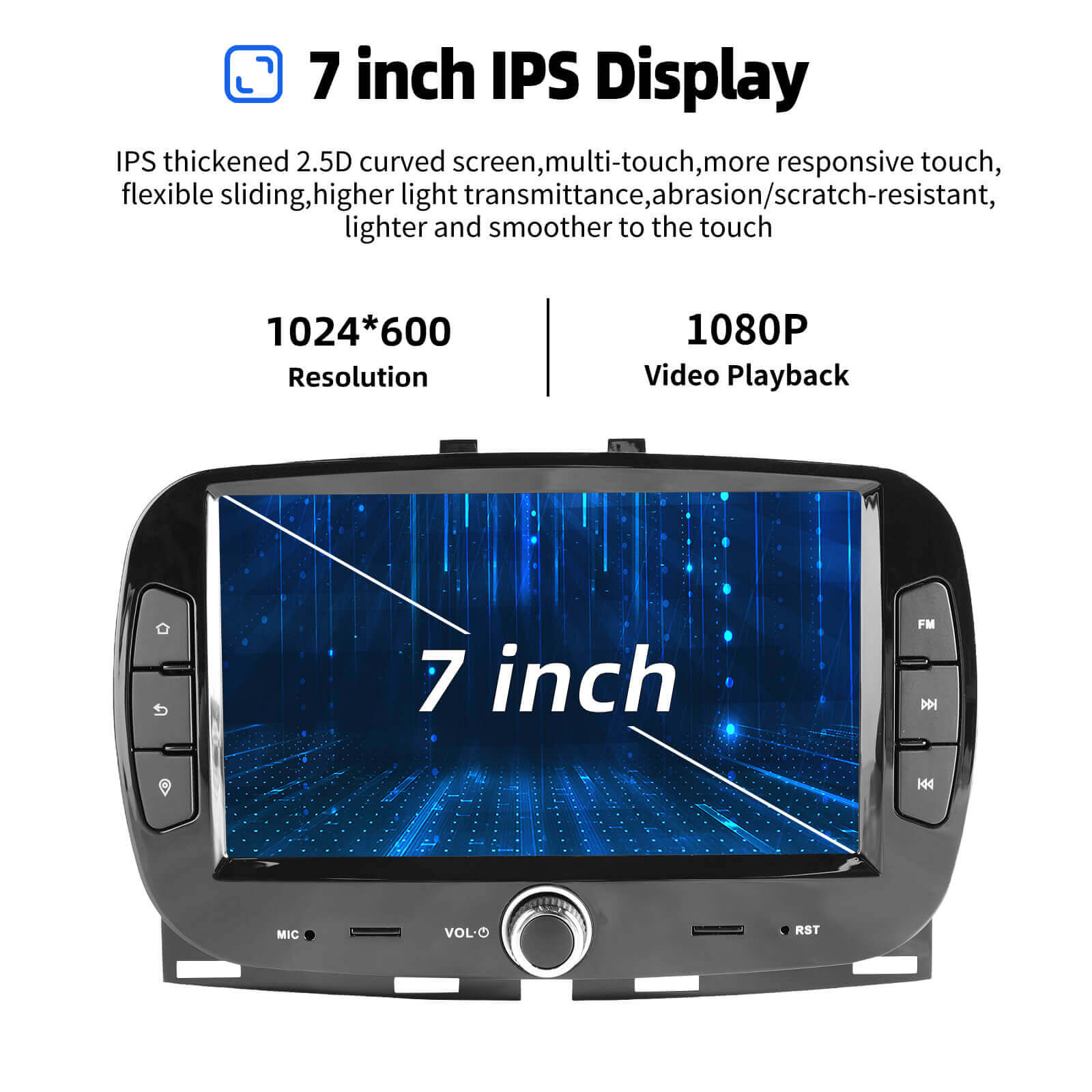 ESSGOO AR7001 MP5 | Android 14 7-inch IPS Touchscreen - For Fiat 500 2016-2019, Bluetooth 5.0, Wireless Apple CarPlay & Wireless Android Auto, FM RDS - 0