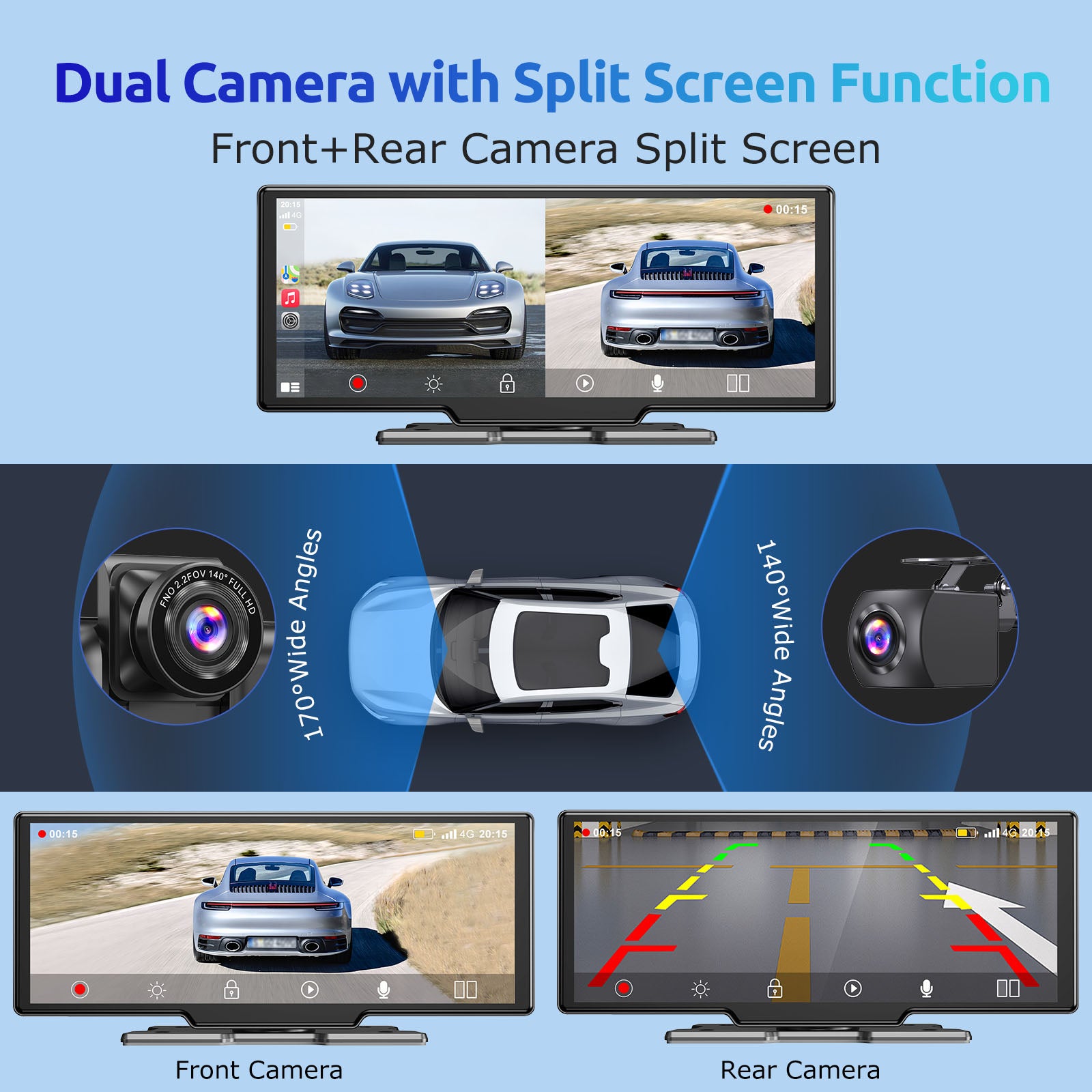 9" Wireless Apple CarPlay & Android Auto Car Stereo with 2K Dash Cam and 1080P Backup Camera