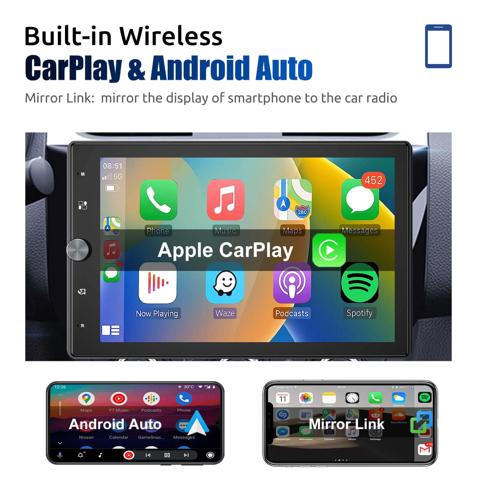 ESSGOO | FS0002 Wireless CarPlay & Android Auto Bluetooth 4.2 10.4'' Touchscreen Multifunction Car Player - 0