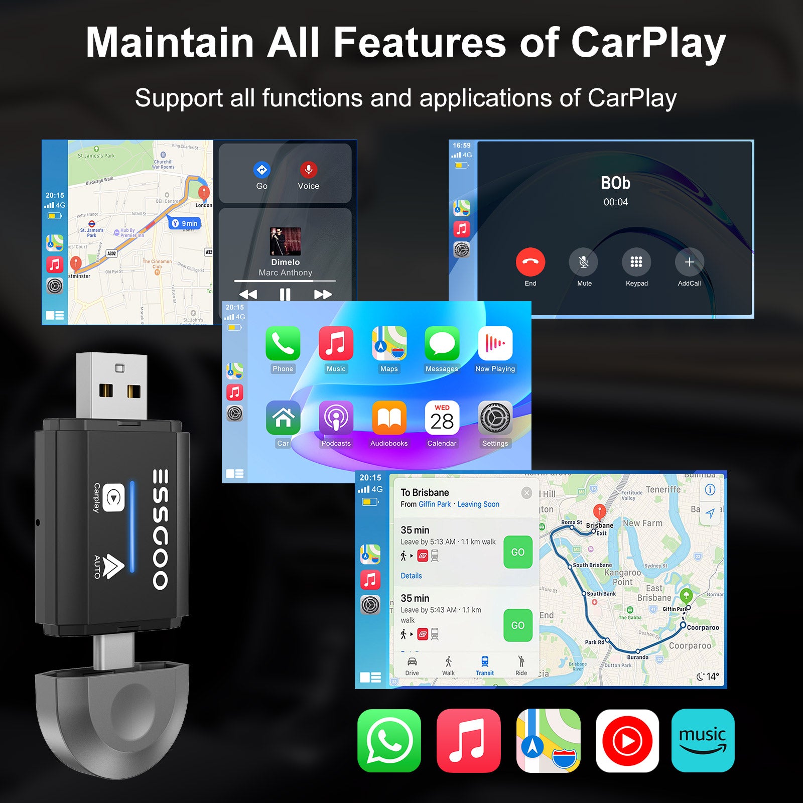 ESSGOO Wireless Carplay Adapter para Android Cars Stereo, Plug and Play Converter Sync iPhone