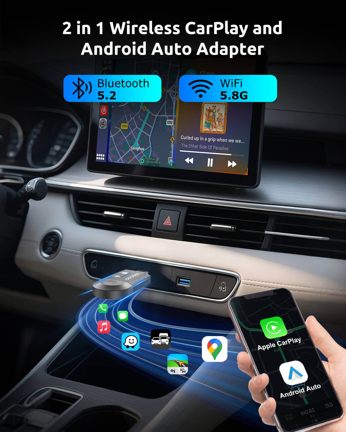 ESSGOO Wireless CarPlay Adapter for Apple CarPlay and Android Auto, Compatible with iOS 10+ and Android 11+ Systems - 0