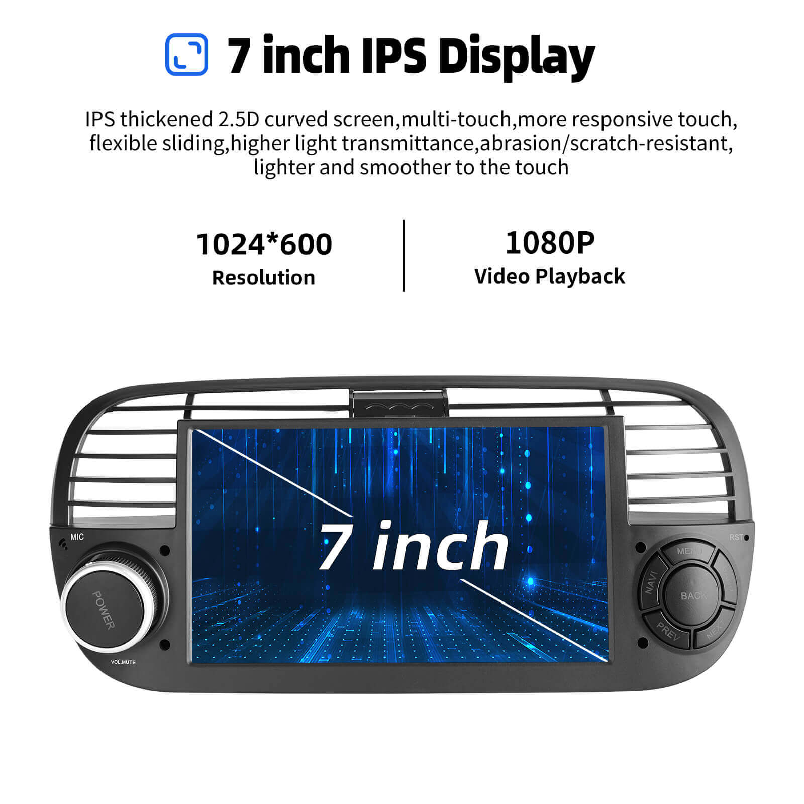 ESSGOO AR7001 MP5 | Android 14 7-inch IPS Touchscreen - For Fiat 500 2010-2015, Bluetooth 5.0, Wireless Apple CarPlay & Wireless Android Auto, FM RDS - 0