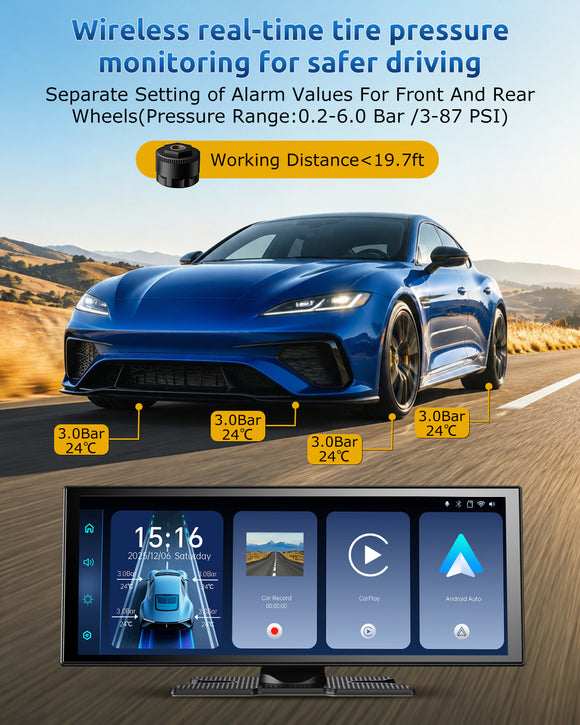 E72 11.3-Inch Portable CarPlay Screen, Wireless Apple CarPlay & Android Auto with Built-in 4K Dash Cam