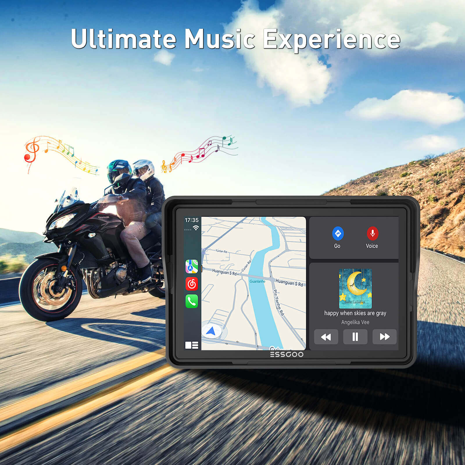 ESSGOO 550CP 5" Waterproof Motorcycle GPS with Wireless CarPlay/Android Auto & Helmet Bluetooth