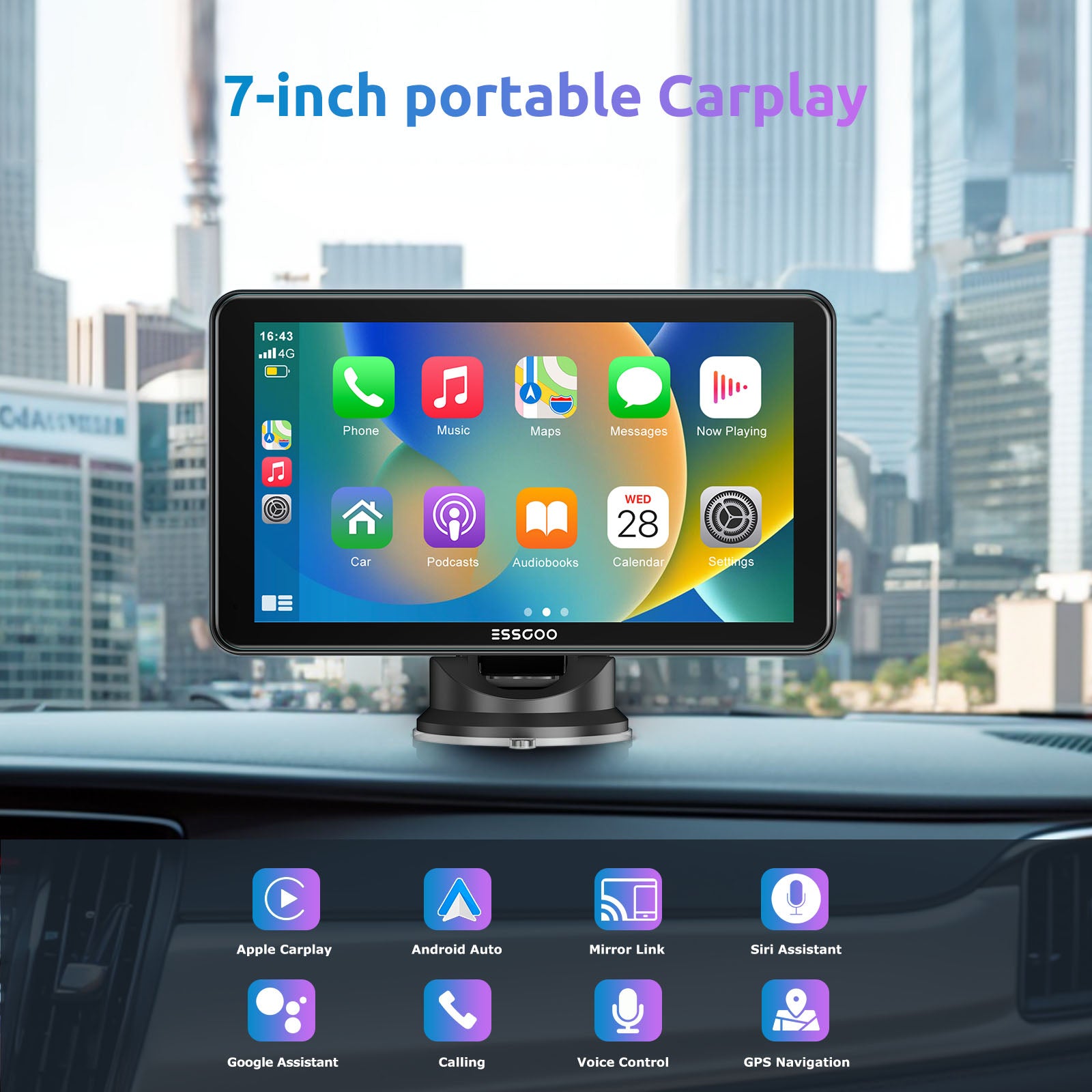 Portable Wireless Apple CarPlay & Android Auto Screen, 7 Inch Touch Screen Car Stereo with Bluetooth, WiFi, Voice Control, and Live Navigation