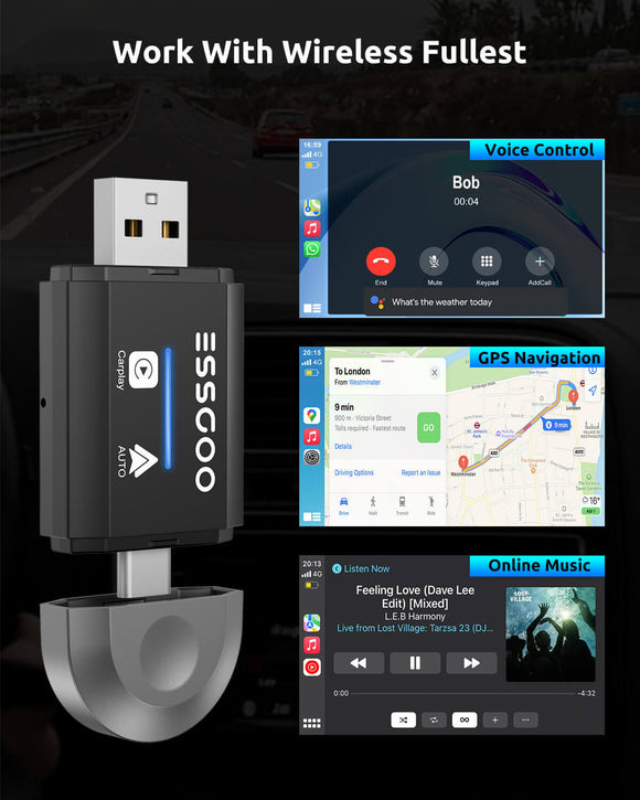 ESSGOO Wireless Carplay Adapter para Android Cars Stereo, Plug and Play Converter Sync iPhone
