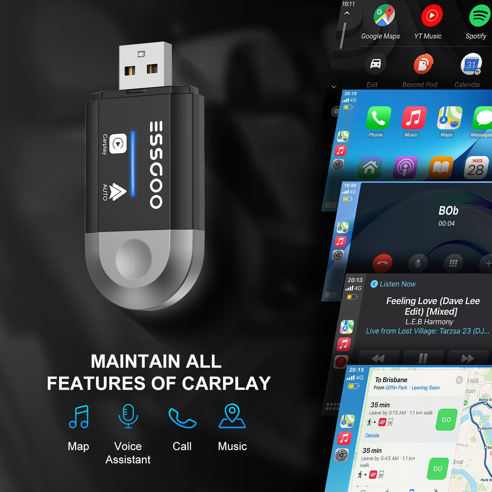 Adaptateur Carplay sans fil ESSGOO pour Android Cars Stereo, Plug and Play Converter Sync iPhone