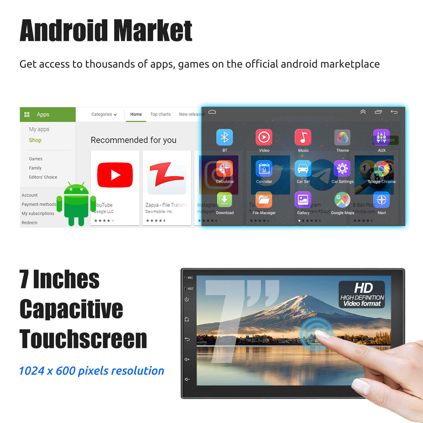ESSGOO MP5 AR7001 | 2 DIN Android 15, 7-inch IPS Touchscreen, Bluetooth 4.1, Apple CarPlay & Android Auto, FM RDS, AI Voice control