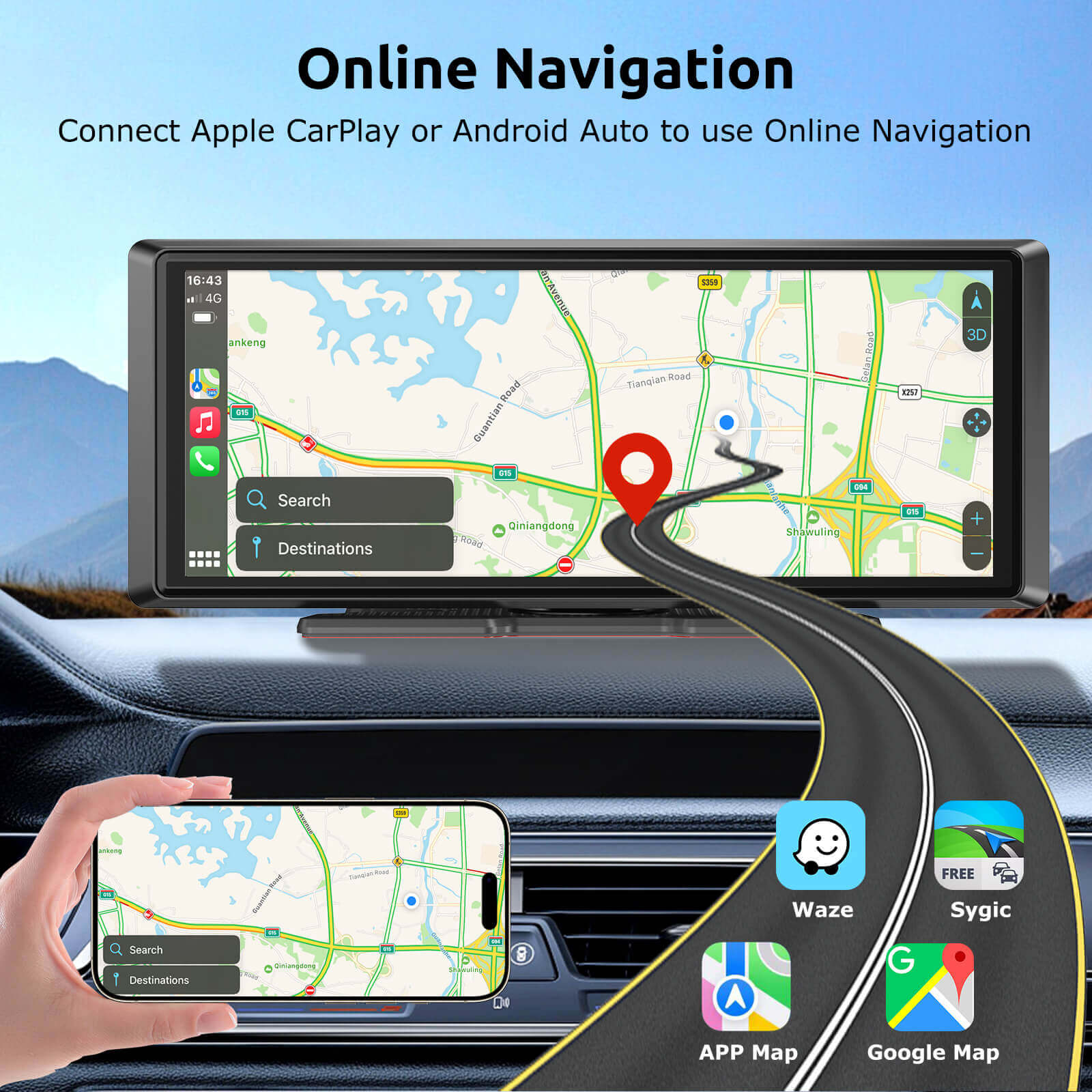ESSGOO E40 8.1"Portable Wireless Carplay&Android Auto, Siri Assistant, FM, Applicable To Most Models