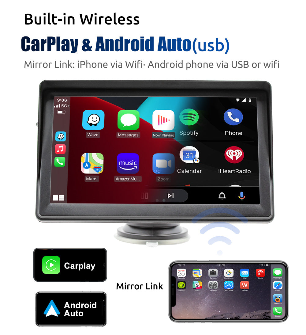 7-inch Touchscreen Wireless Apple CarPlay & Android Auto Portable Car Stereo, Bluetooth Hands-Free Calling/Siri/FM/AUX/Airplay/Mirror Link