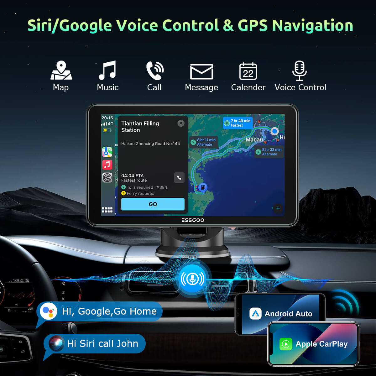 ESSGOO 7'' 743CP Wireless Car Play Screen for Apple Carplay, Android Auto, HD IPS Touchscreen with Mirror Link, Bluetooth 5.3, Siri,Assistant Support, AUX, FM
