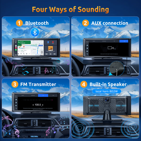 E42 8.1" Portable Wireless CarPlay & Android Auto, 4K Dual Cameras, Siri Assistant, FM, Applicable To Most Models