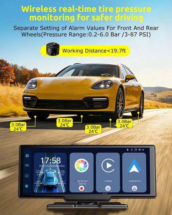 1026SCP 10.26-Inch Portable CarPlay Screen, Wireless Apple CarPlay & Android Auto with Built-in 4K Dash Cam